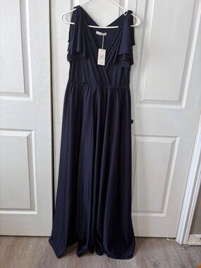 Koh Koh Womens Navy Blue Maxi Dress With Flutter Sleeves & V-Neckline -